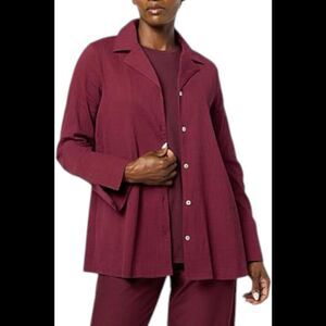 WynneCollection Women's Textured Crinkle Button-Down Shirt Burgundy - Regular